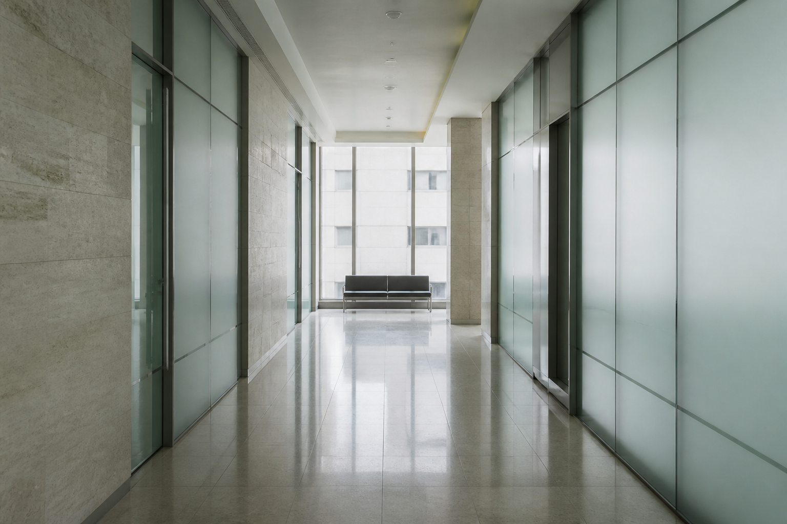 Quiet civic corridor before a hearing